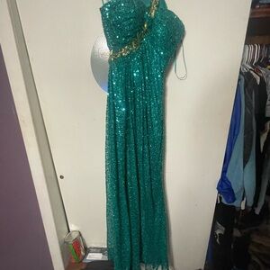 Green Sequin One Shoulder Dress with Gold Accents